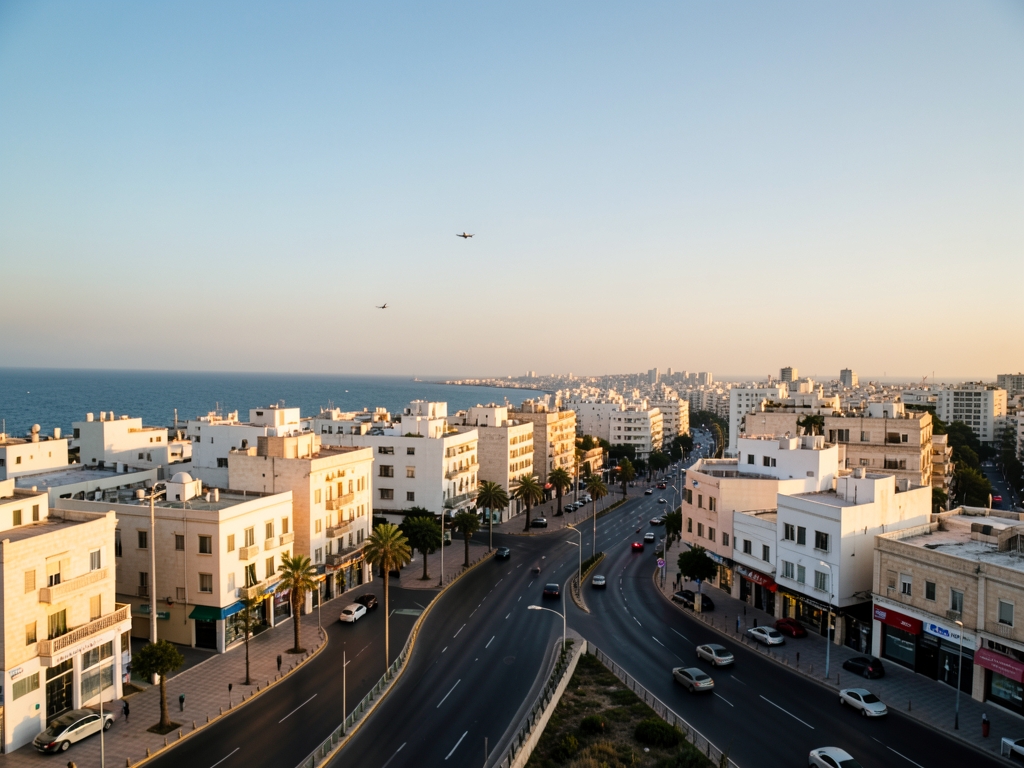 Aviv s white coastal skyline beneath clear sky distant