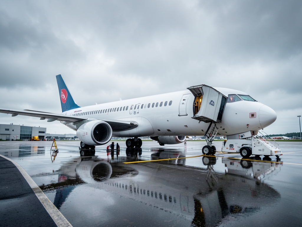 Commercial parked gate under gray clouds tarmac reflections