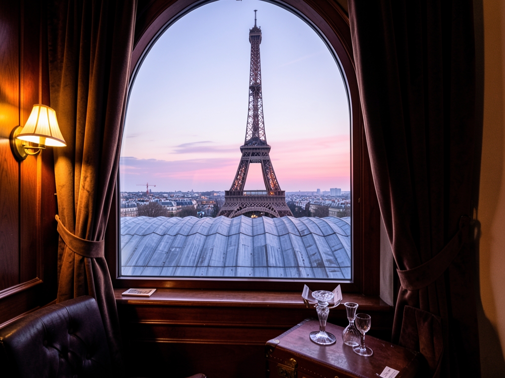 Parisian zinc rooftops slender iron lattice tower rising