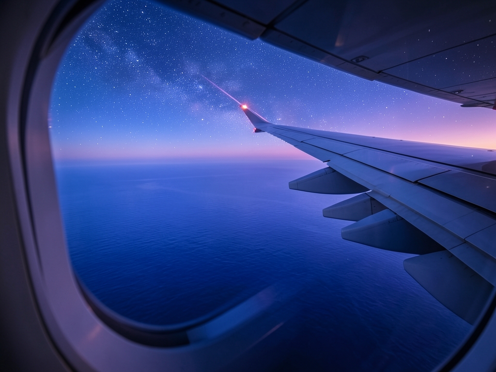 Ethereal view from aircraft window showing long haul flight