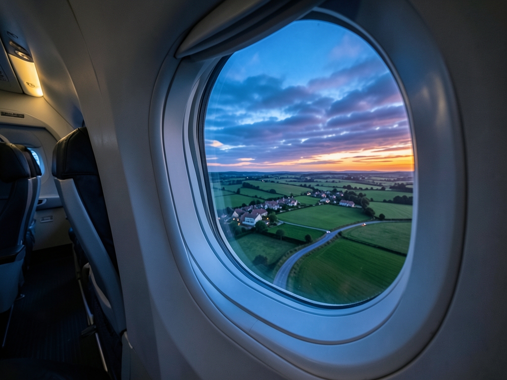 sleek airplane window framing cloud streaked twilight above French