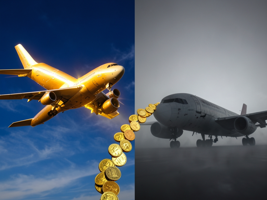 Split composition showing glowing golden airplane side shadowed