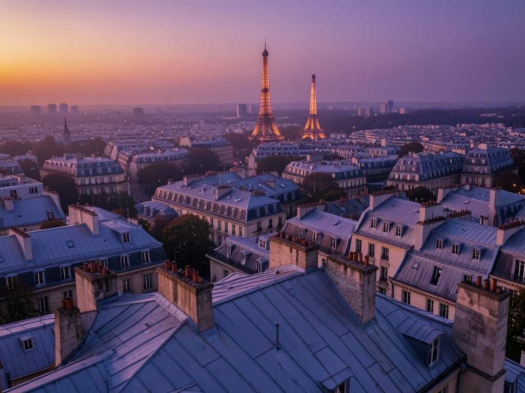 Aerial dusk view over Paris rooftops grey zinc