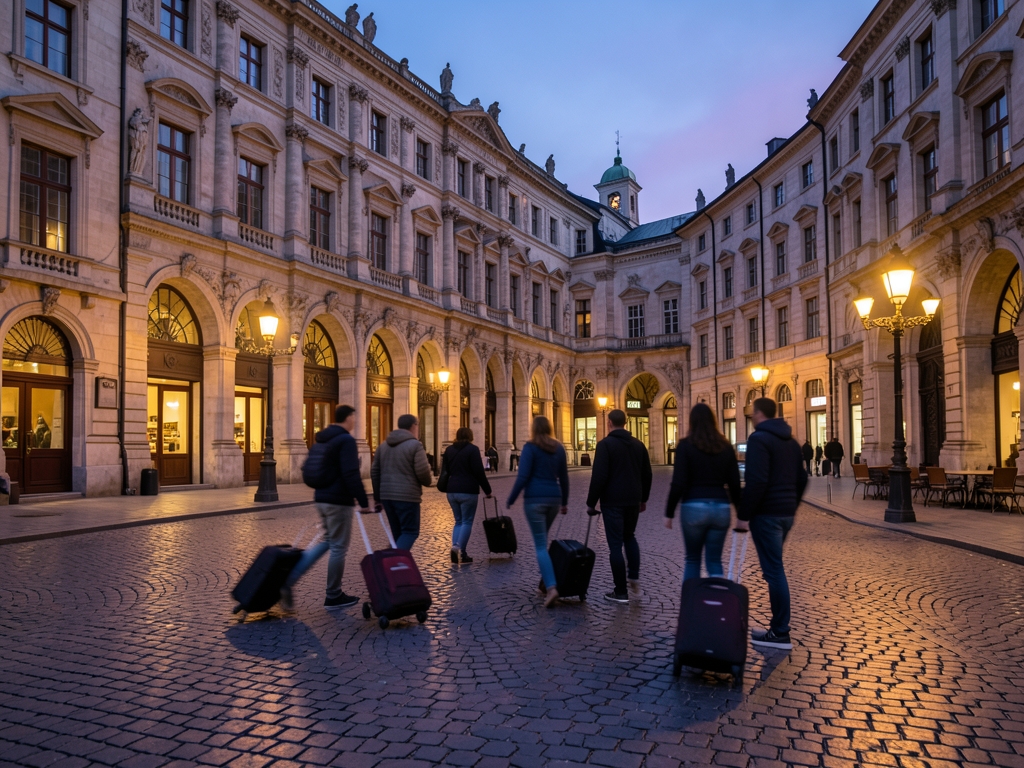 Twilight over historic European city square with stone