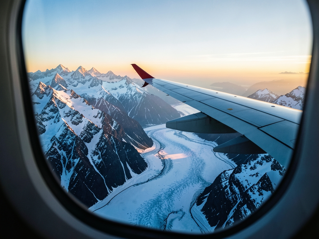 Airplane window view descending toward snow covered mountain valley