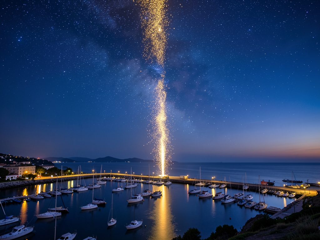 Vast twilight over coastal landscape where luminous trail