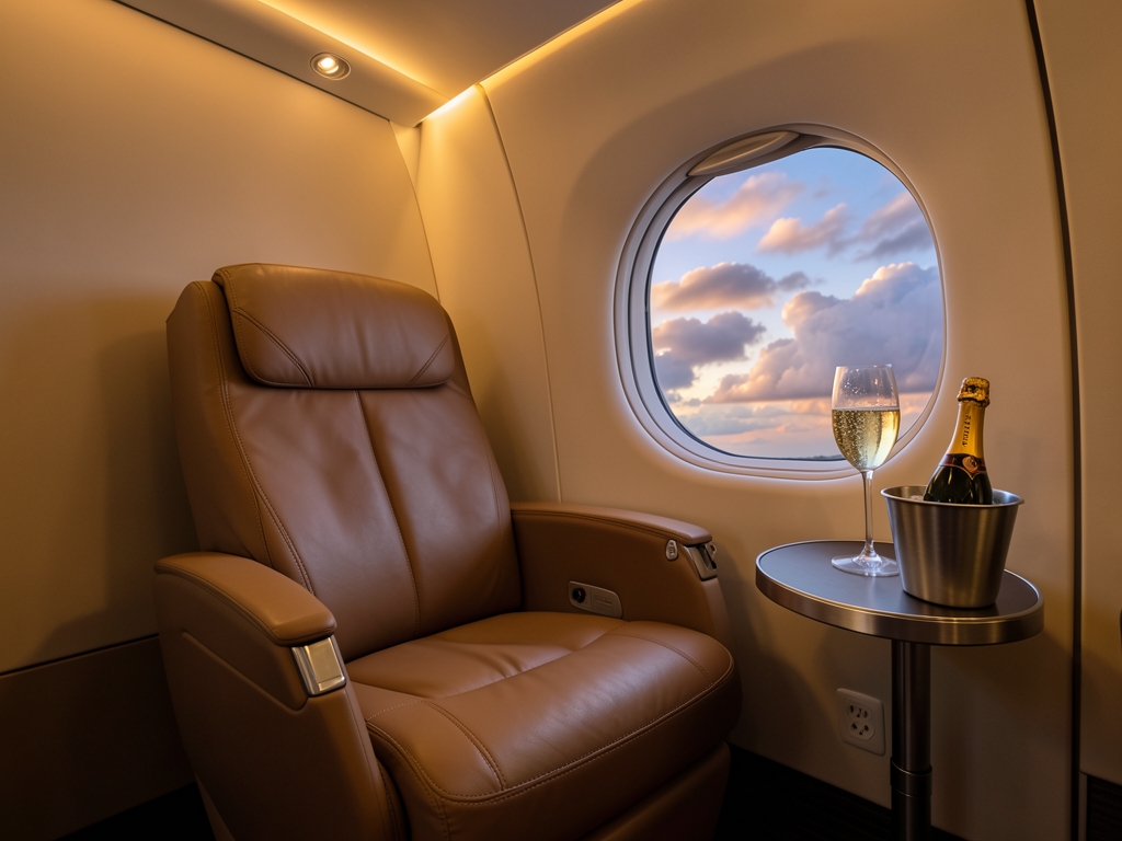 Luxury business class cabin dusk with reclined seat