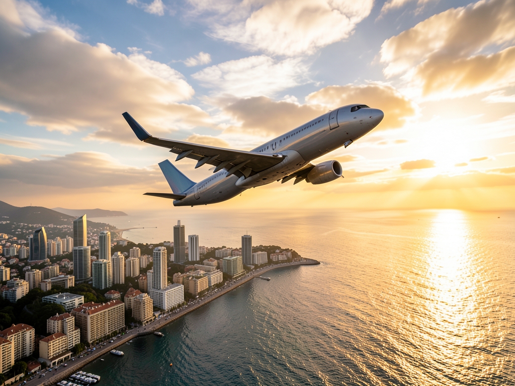 Wide view airplane ascending over coastal city golden