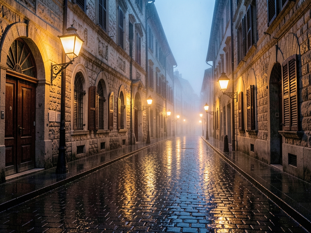 rain slicked European old town street twilight cobblestones reflecting warm