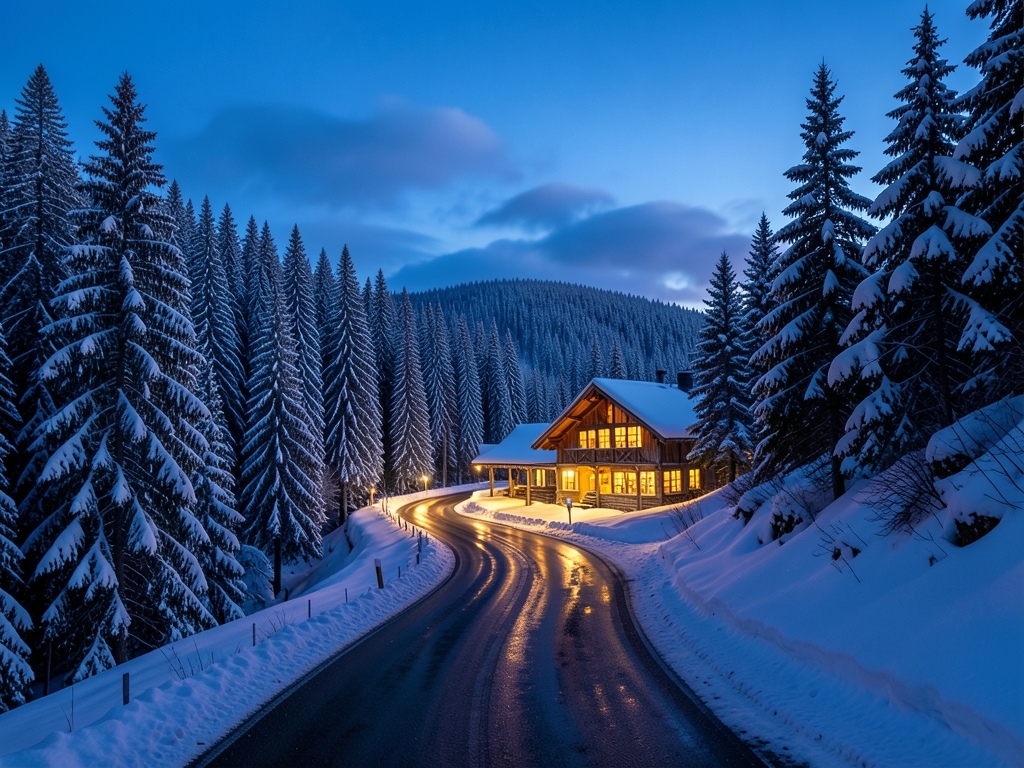 Twilight scene winding mountain road leading toward warmly