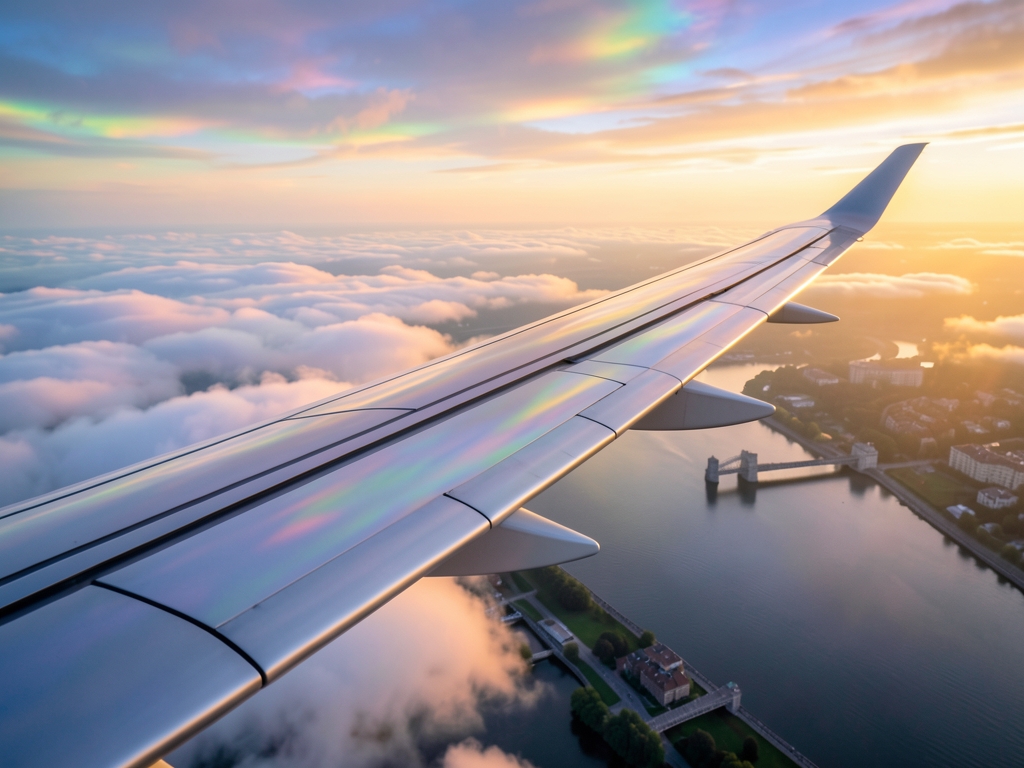 Sleek futuristic aircraft wing slicing through iridescent dawn