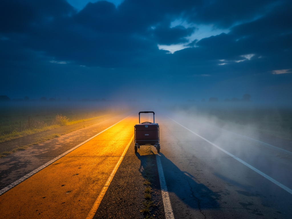 misty runway stretches into distance under moody twilight