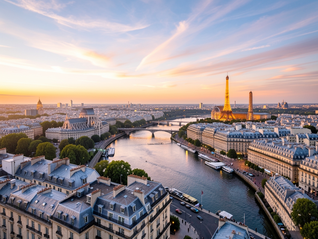 Paris skyline golden hour with limestone rooftops Seine