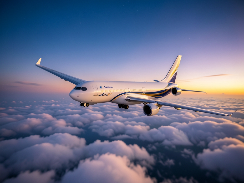 sleek white widebody airliner gliding above moonlit Atlantic