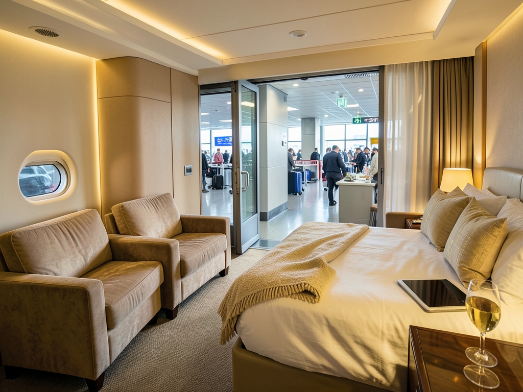 Spacious first class airline suite with sliding door warm