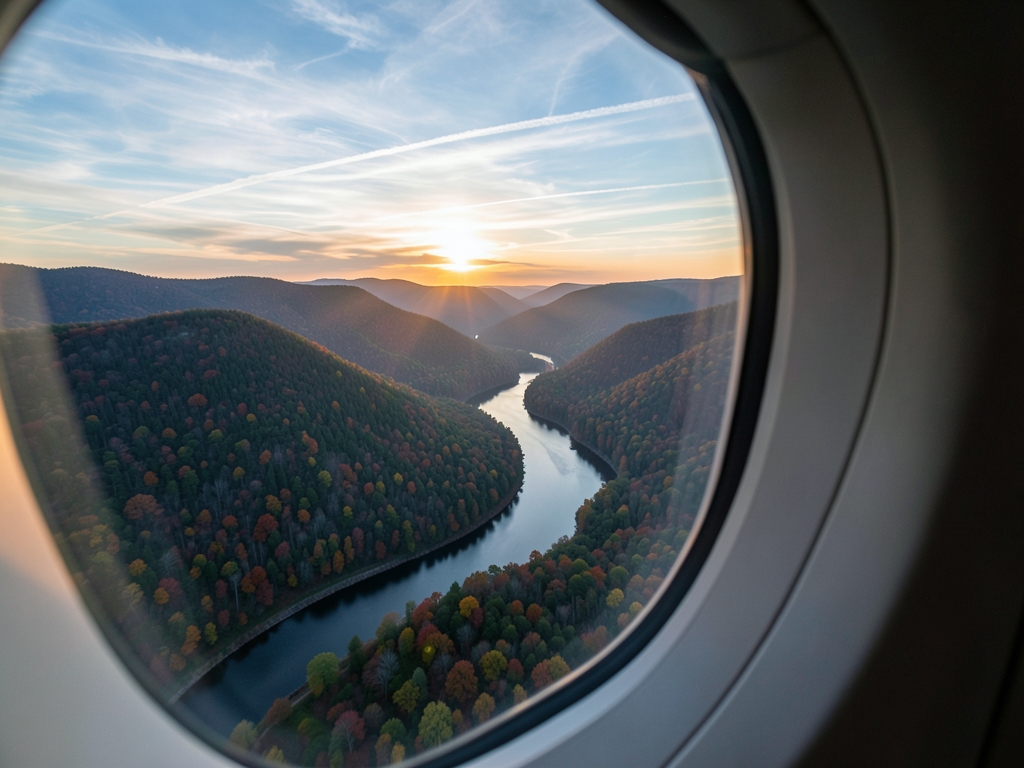 Airplane window view over forested Appalachian ridges winding