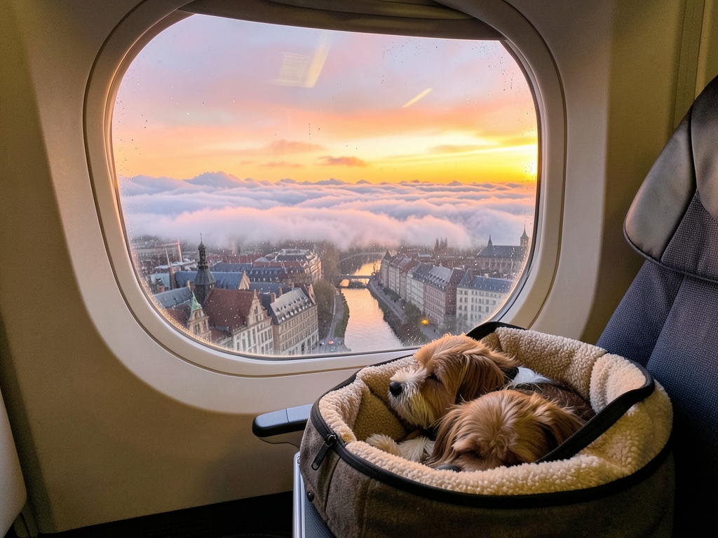 Warm airplane cabin window view golden sunset over