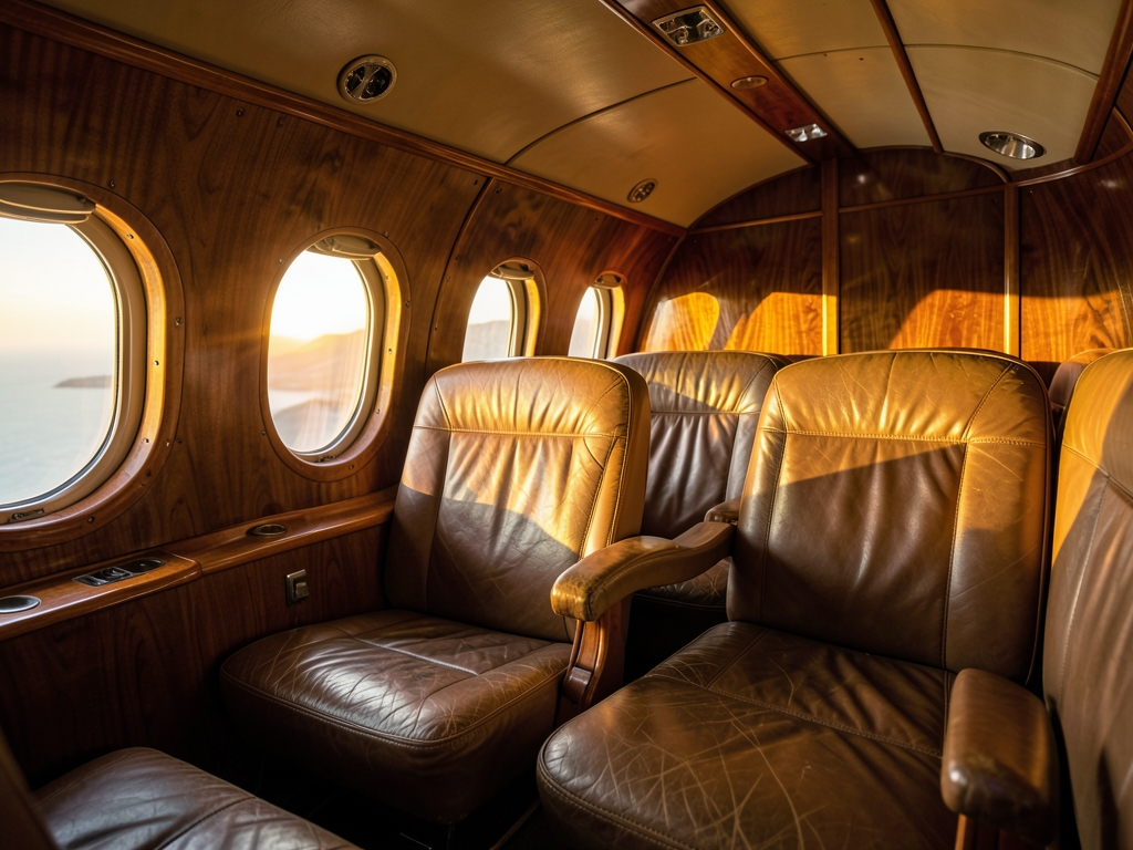 Warm interior vintage aircraft cabin bathed golden hour