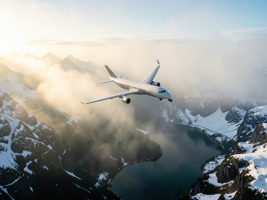 Airliner descending through drifting toward Zurich snow dusted Alps