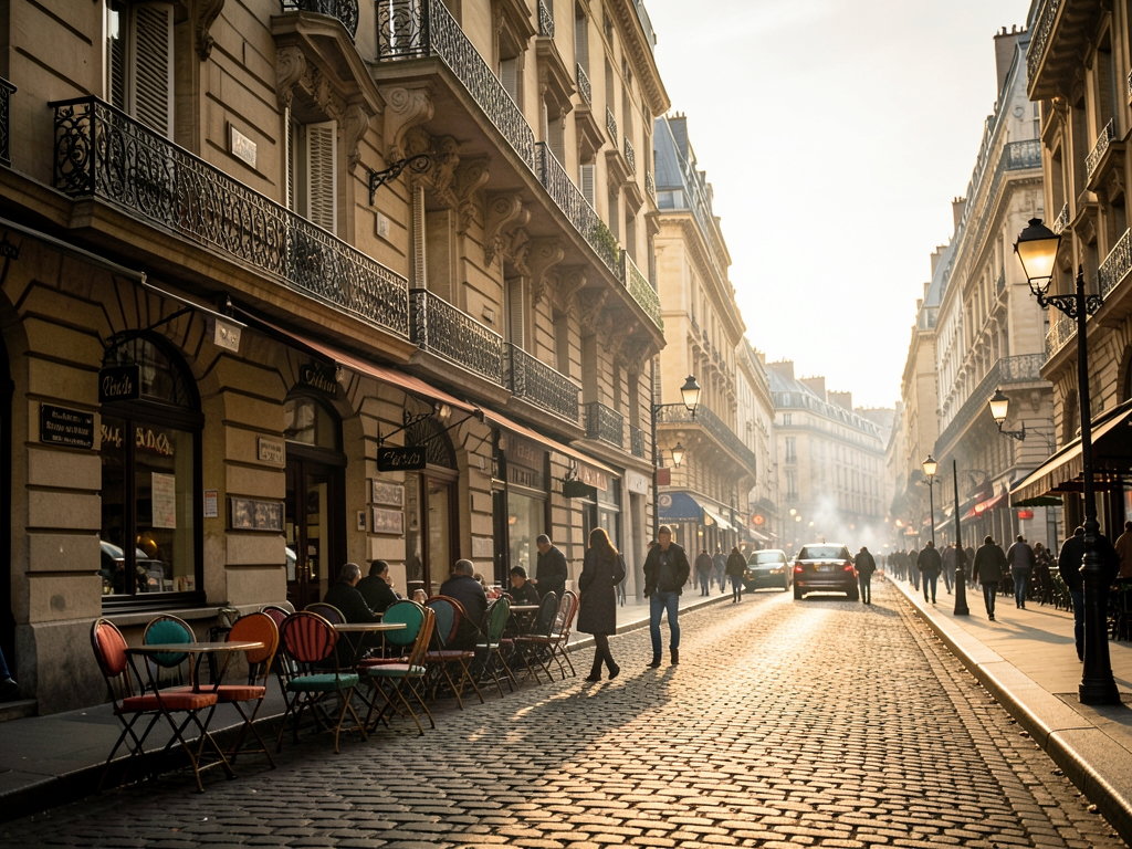 Parisian boulevard with stone facades scattered chairs faint