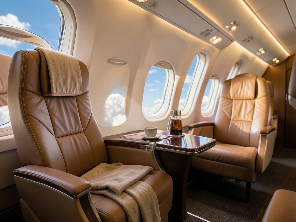 Spacious airplane cabin with wide leather seats warm