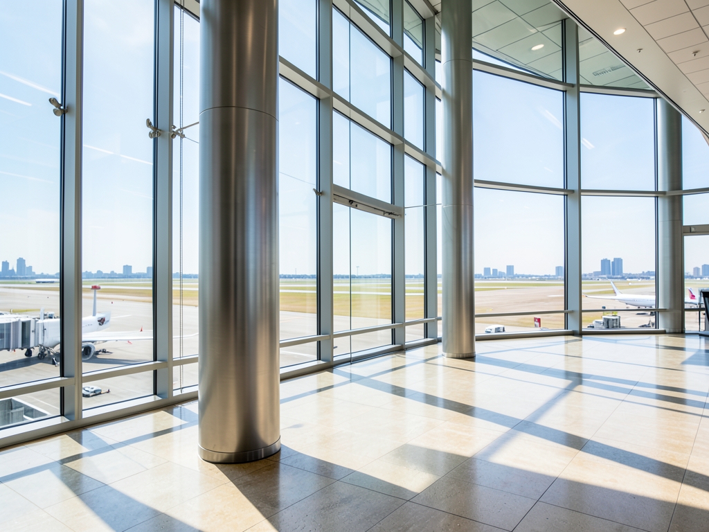 Newark s sunlit arrival concourse with floor to ceiling glass expansive
