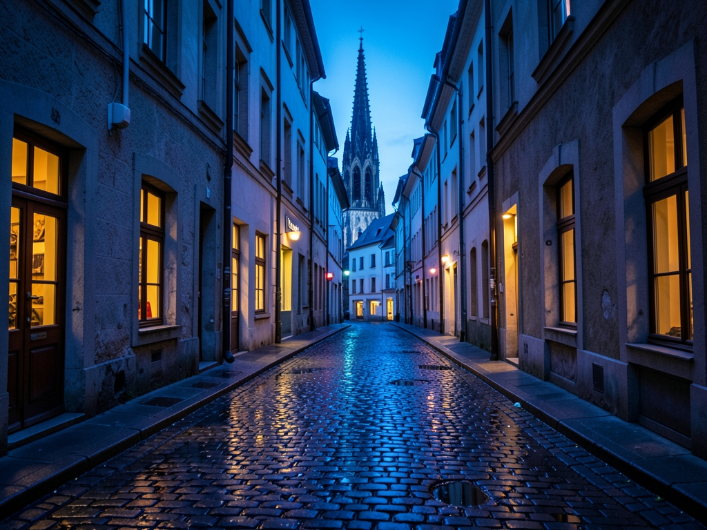 Cobblestone European alley blue hour stone warm window