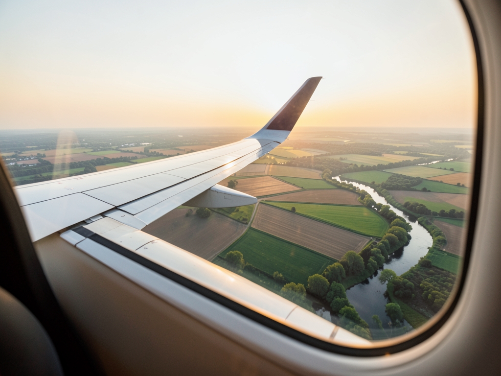 View from airplane window small regional wing banking