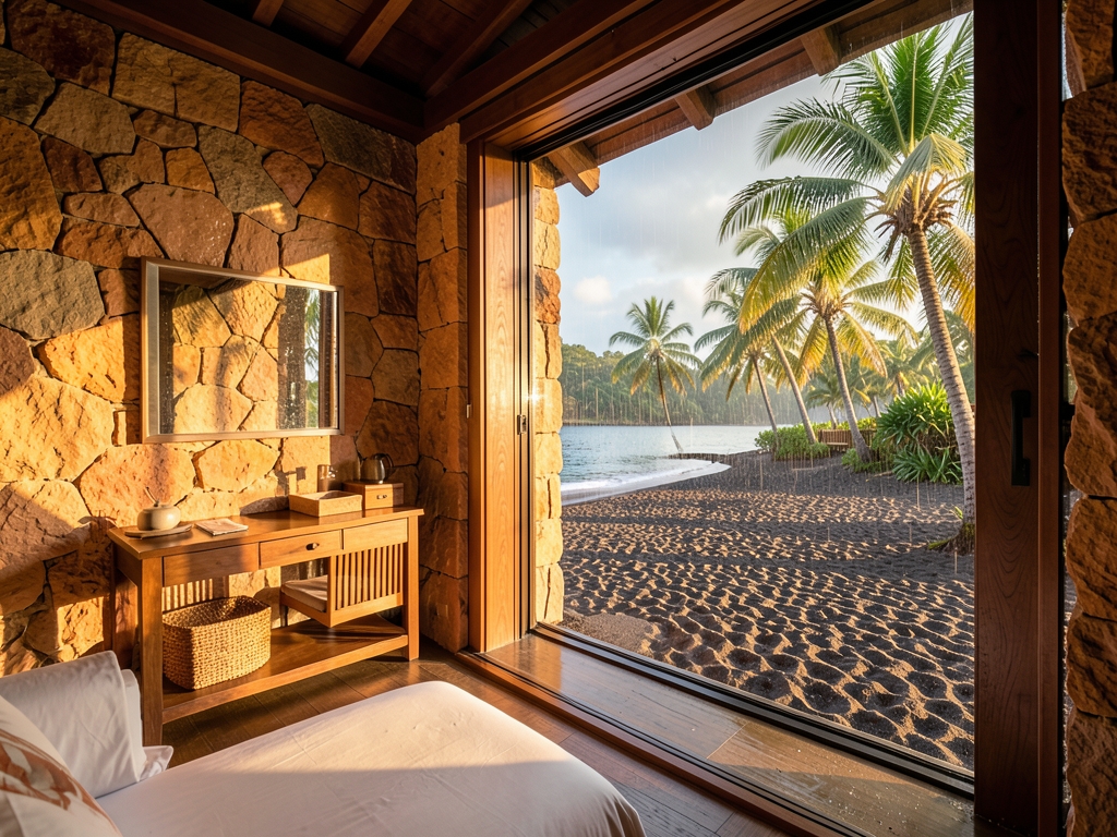 Beachfront resort room coral stone timber opening onto