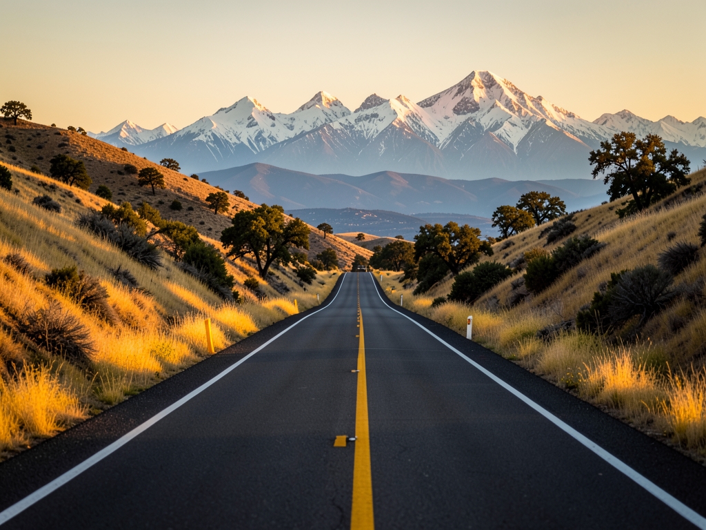 Golden California highway stretching through rolling hills toward
