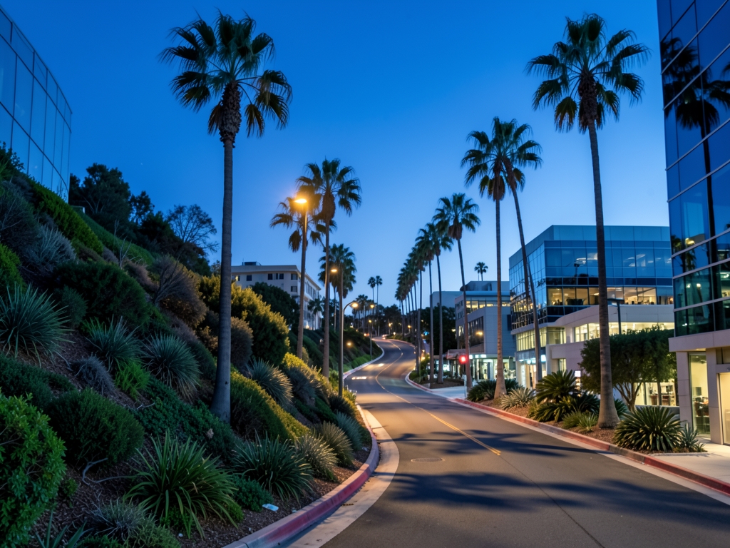 Burbank hillside blue hour palm lined streets glass buildings