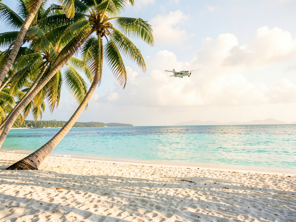 turquoise Caribbean beach with white sand leaning palm