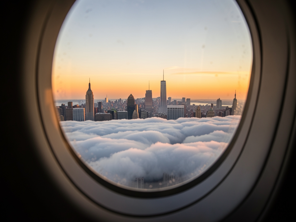 Aircraft window view York skyline golden hour layered