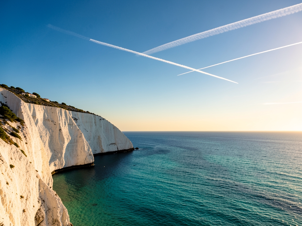 sunlit Mediterranean coastline with white cliffs turquoise water