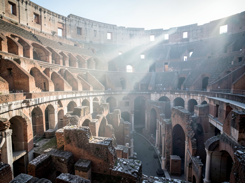 Interior view Colosseum arena early morning pale sunbeams