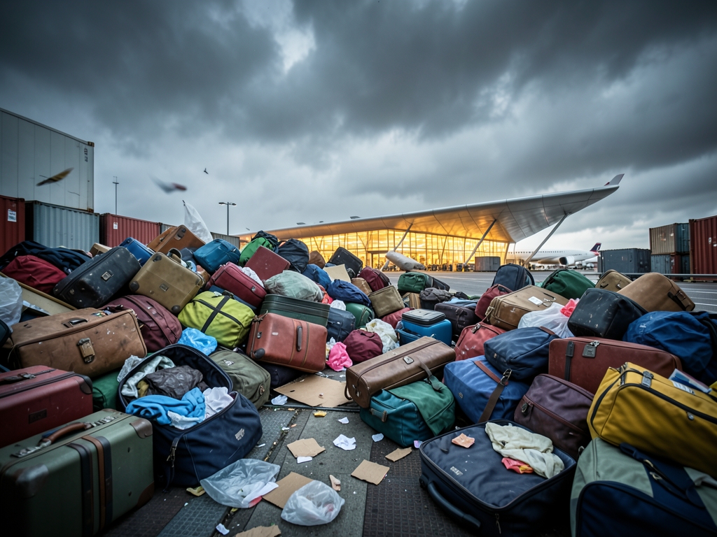 Chaotic cargo scene with scattered luggage wind blown debris
