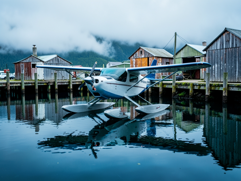 Floatplane resting calm water near Juneau with wooden