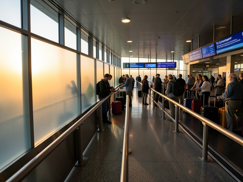 Domestic airport security concourse dawn parallel lanes framed