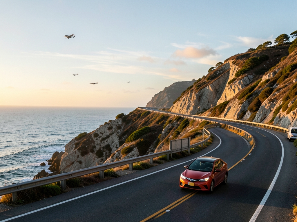 winding Pacific shoreline highway golden hour with distant