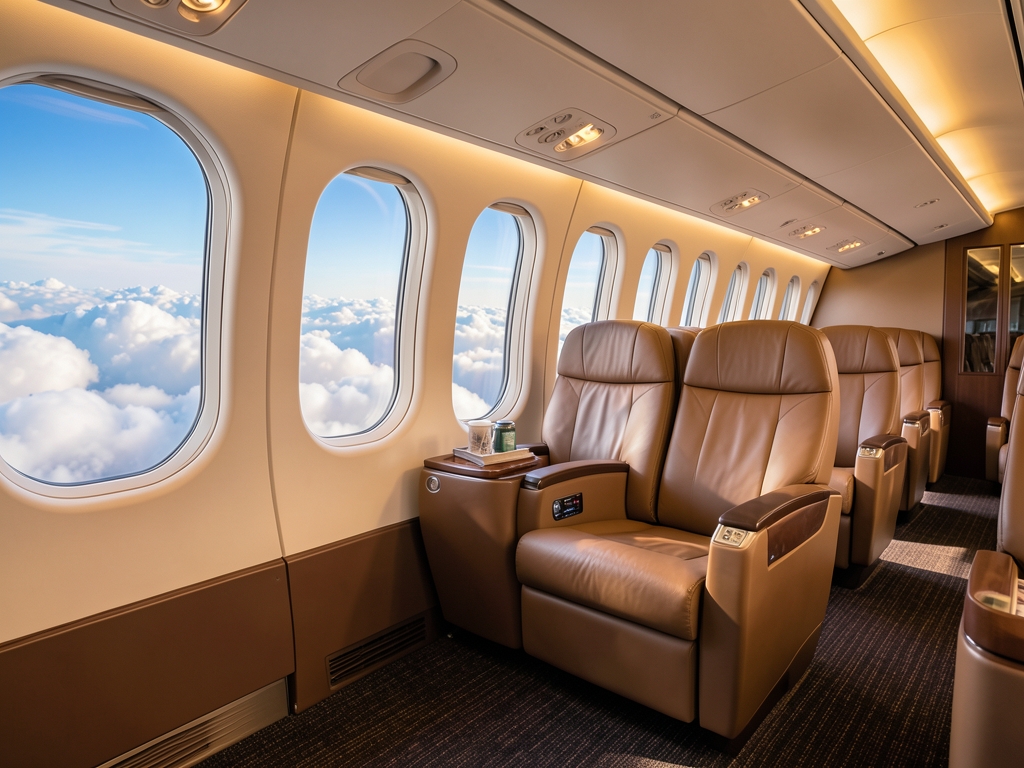 Spacious business class airplane cabin interior with large windows