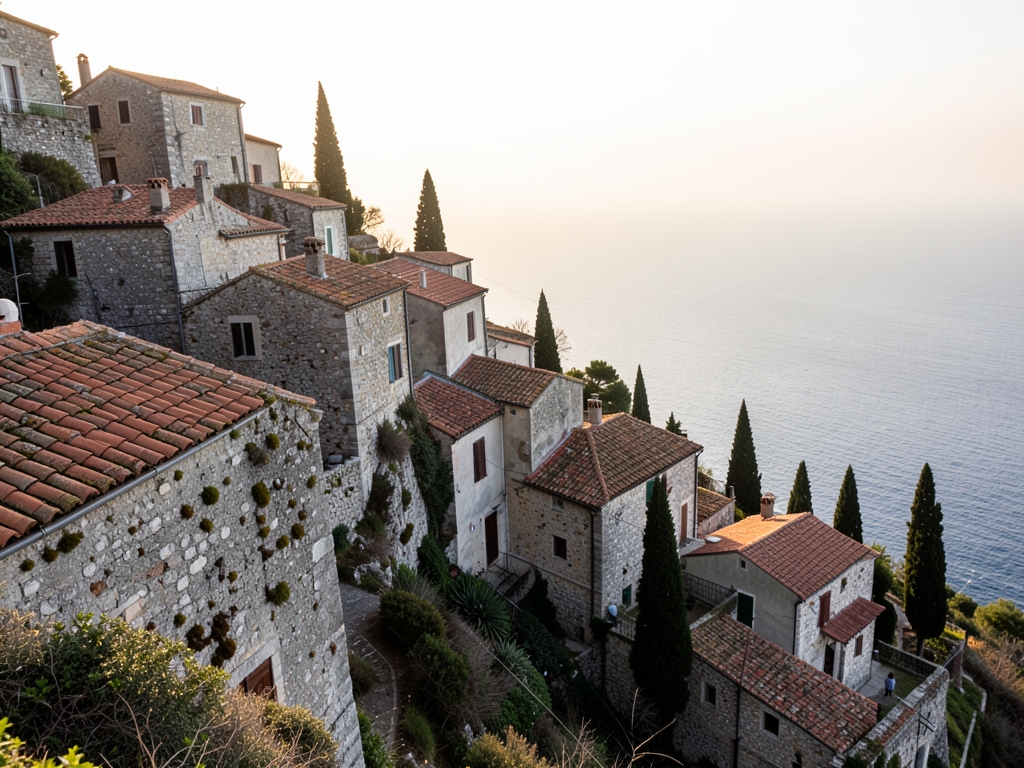 Golden hour over weathered limestone buildings terracotta rooftops