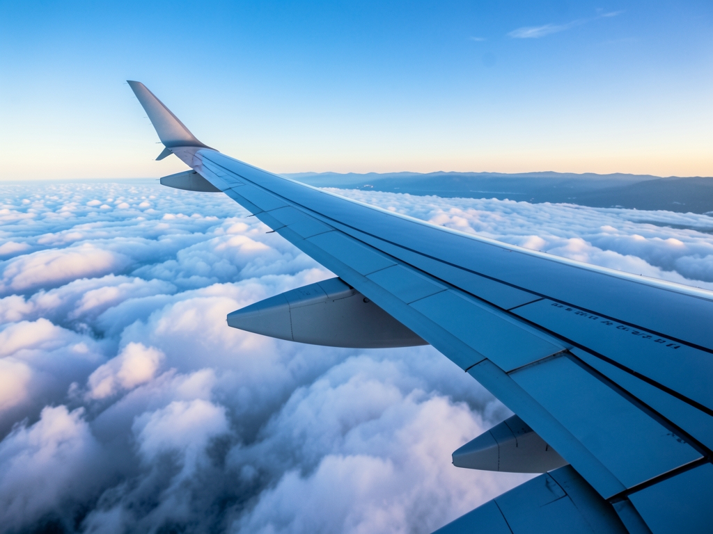 Airplane wing over Atlantic clouds sunrise soft blue