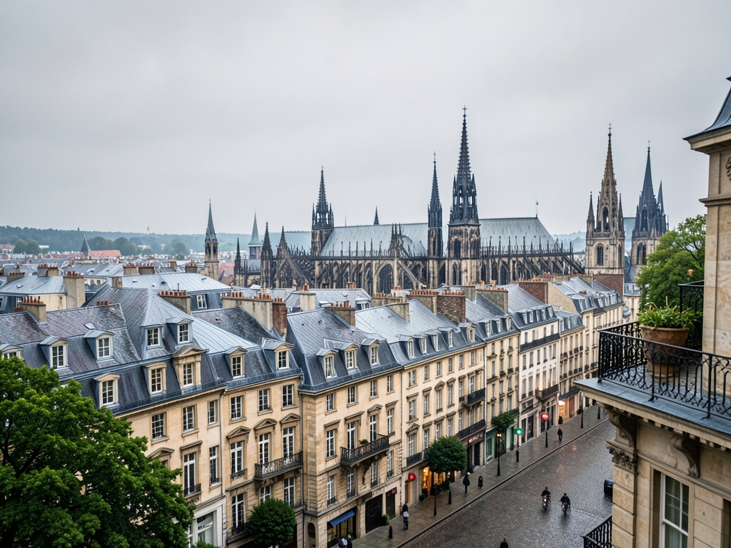 Overcast morning over European city skyline stone rooftops