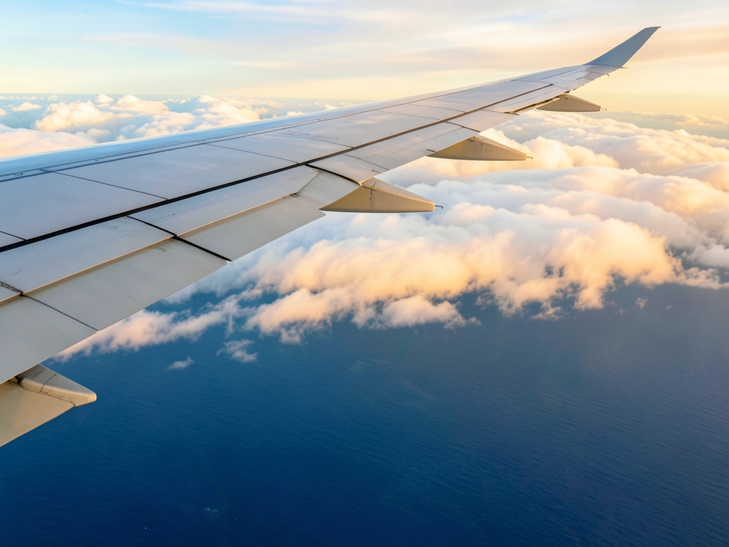 Airplane wing above layered Atlantic clouds golden hour