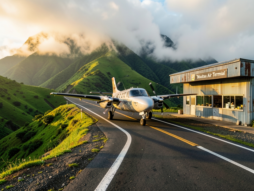 Mountain runway carved into green hills clouds compact