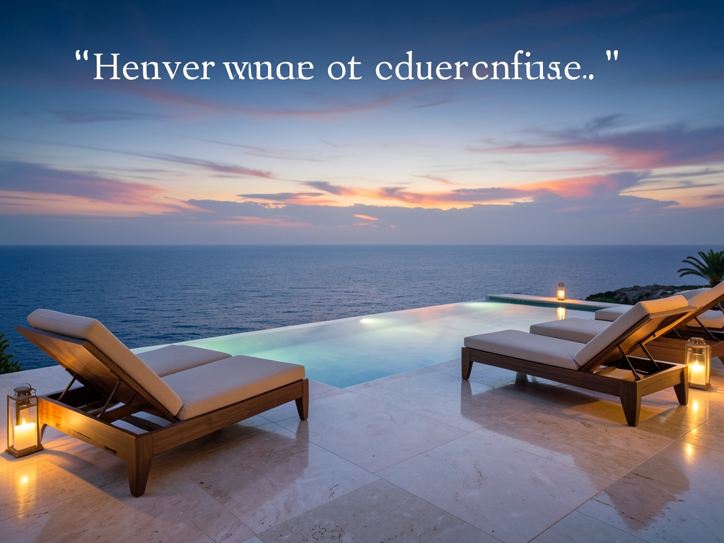 Empty infinity pool terrace overlooking dusk polished stone lounge