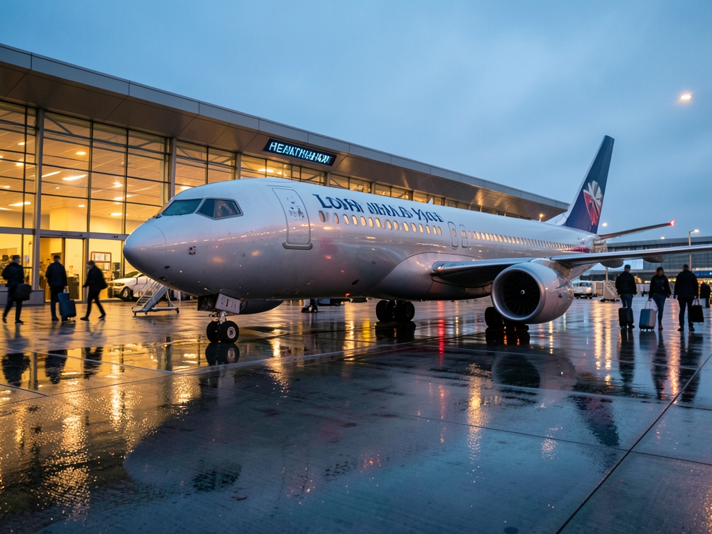 London Heathrow arrival dusk widebody aircraft gate rain slicked