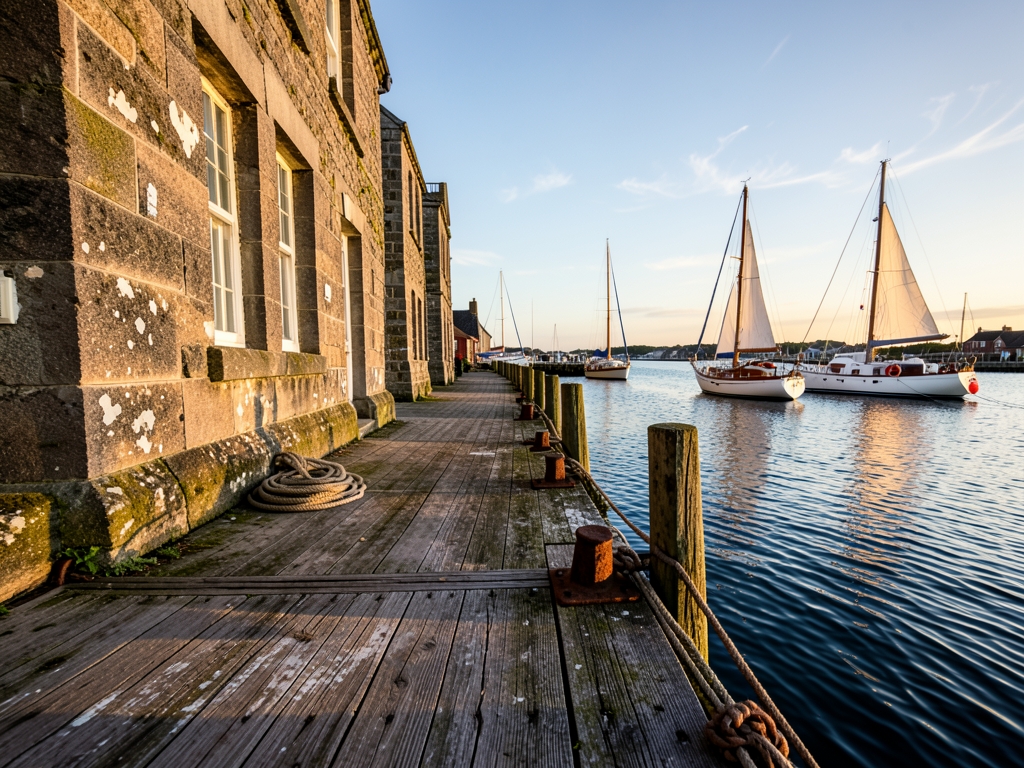 Golden hour over Halifax waterfront where weathered granite