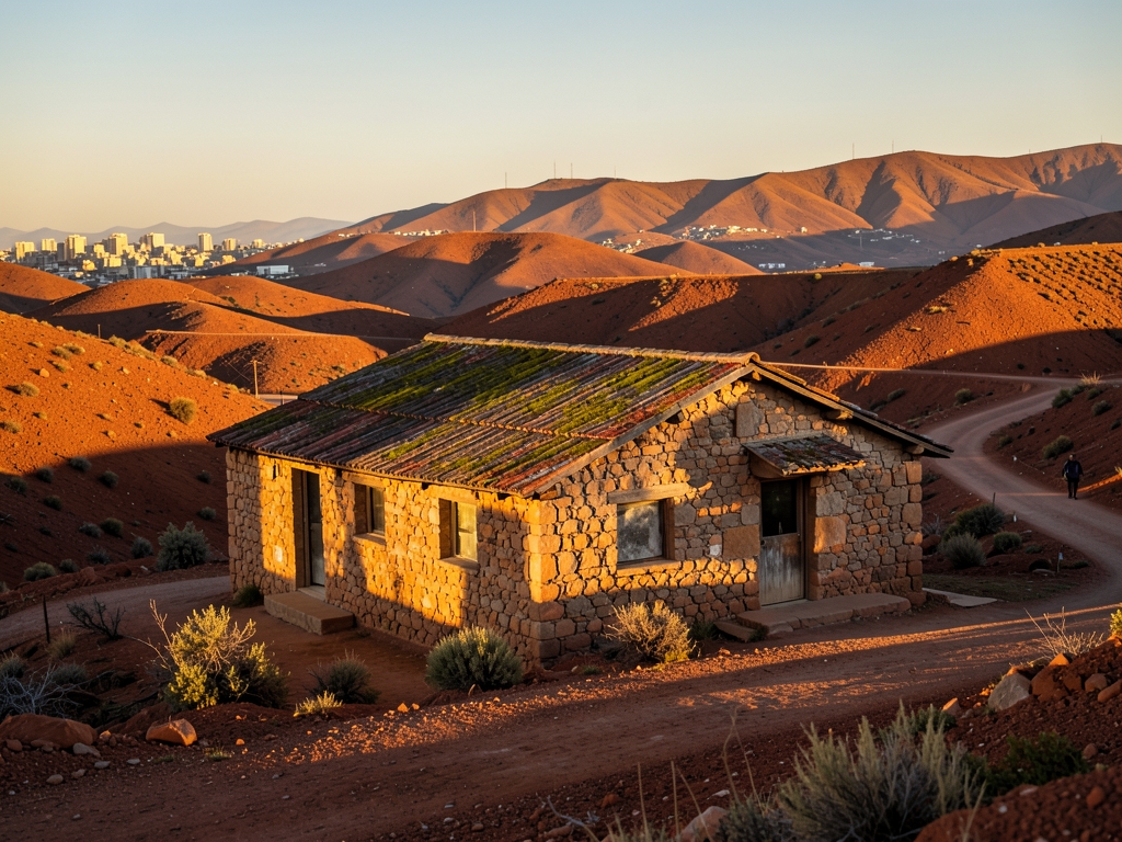 Golden hour light washes over rust colored hills surrounding