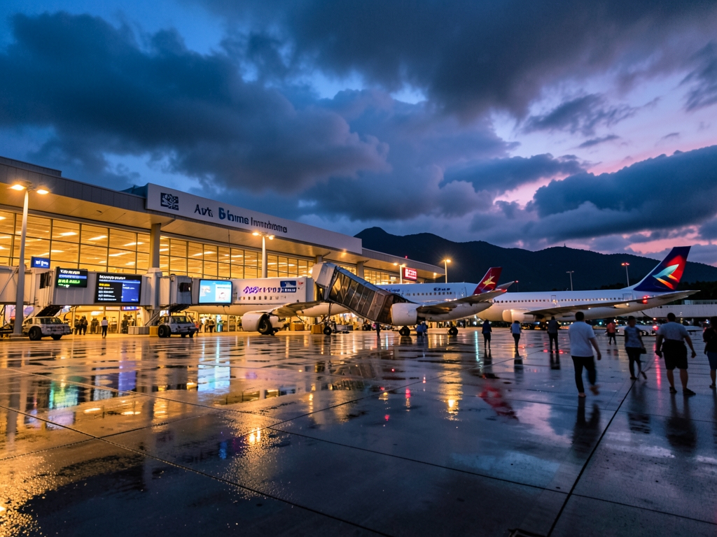 Twilight airport scene Honolulu bridges tarmac reflecting amber